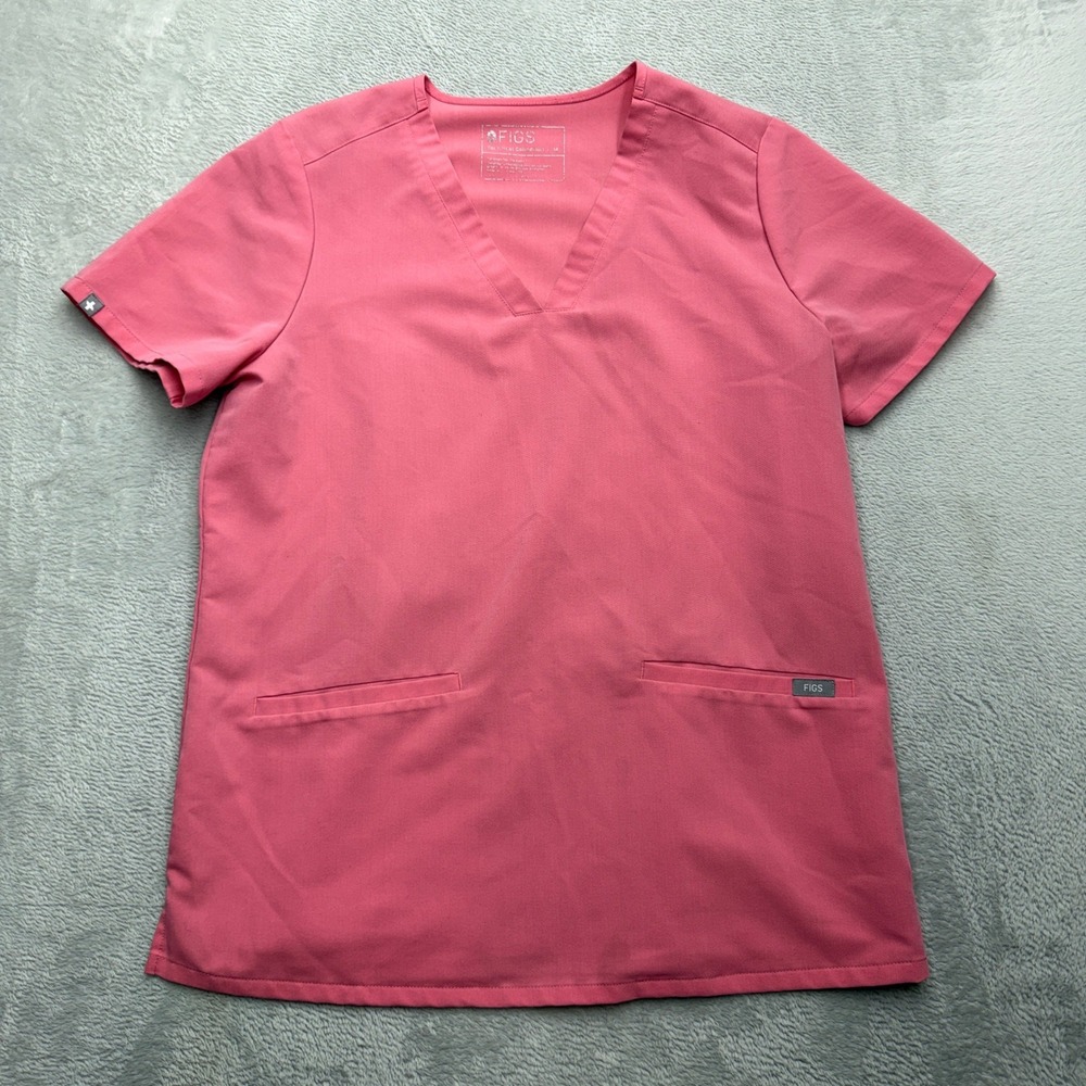 FIGS Technical Collection Scrub Top Womens Medium Pink V-Neck 2-Pocket Short Slv